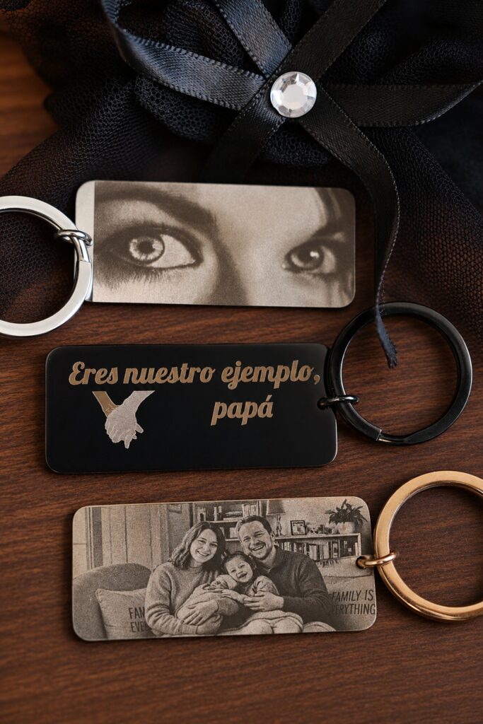 Llavero rectangular de diseño elegante en negro, cobre y plateado