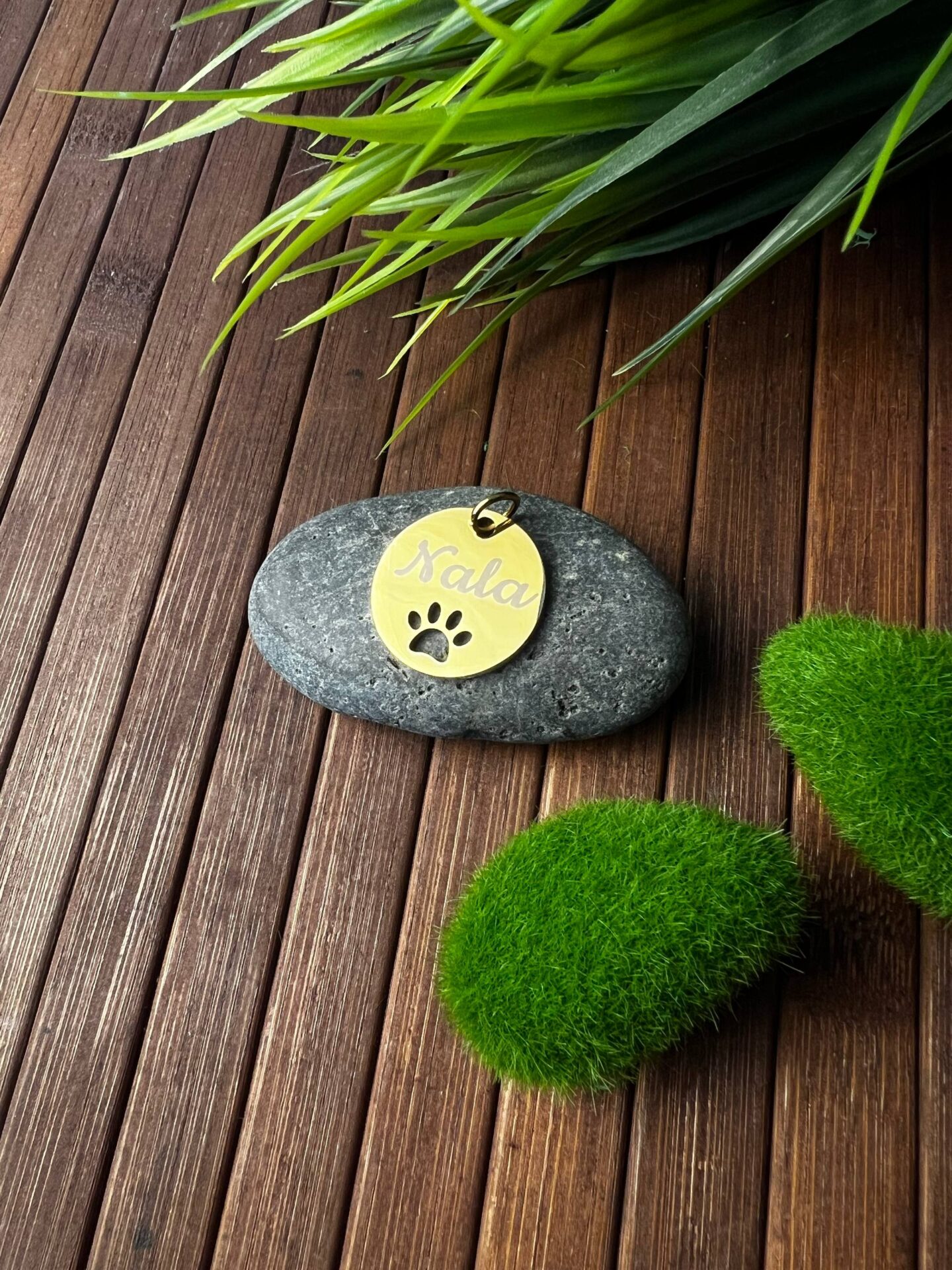 Placa identificativa redonda para mascotas con recorte en forma de huella personalizada – Dorada (Ø 25 mm)